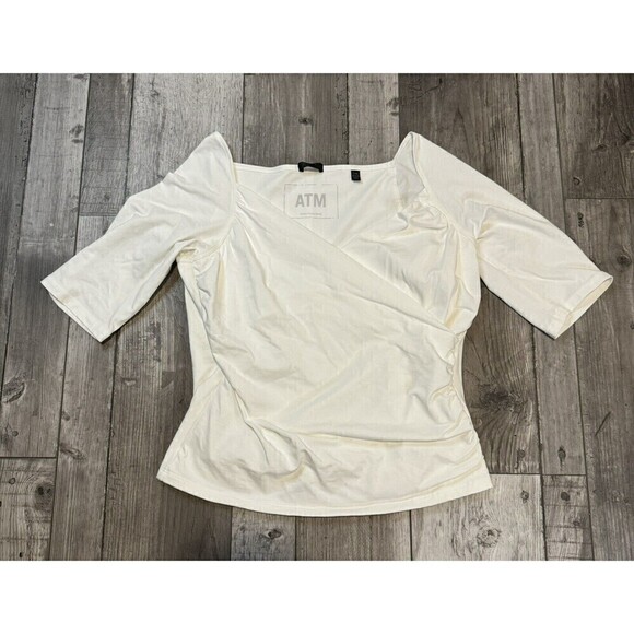 ATM Anthony Thomas Melillo Top White Pima Cotton Crossover Elbow Sleeve Large - Picture 2 of 8